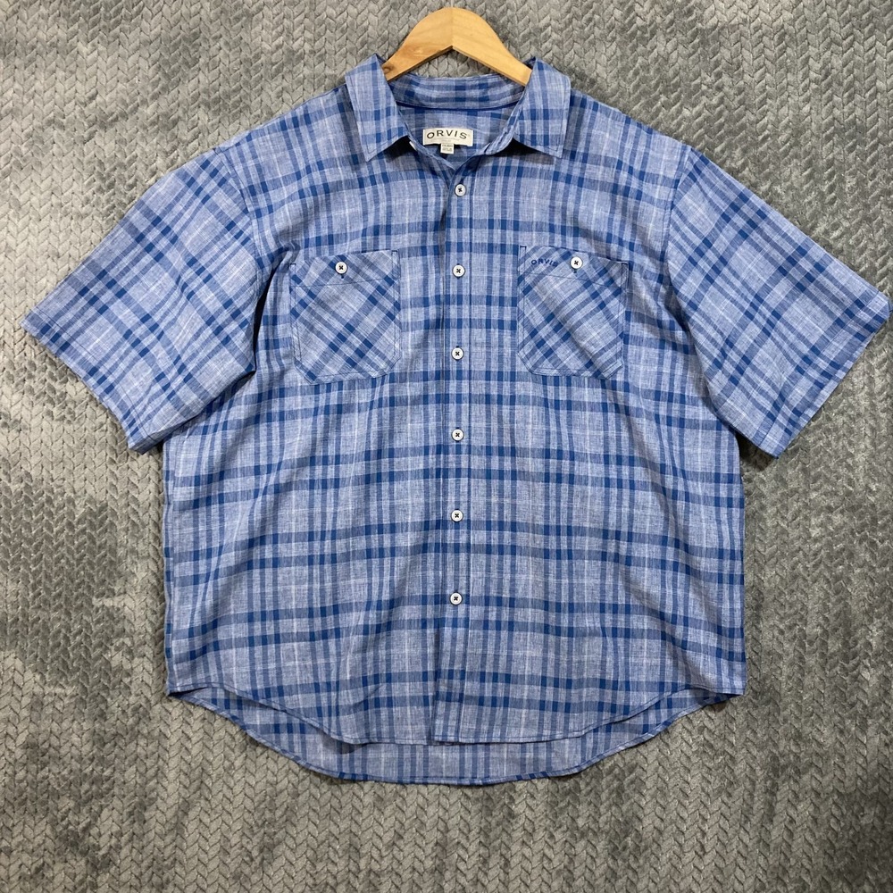 Orvis Plaid Button Up Shirt Men's 2XL Short Sleeve Classic Fit Outdoor Casual